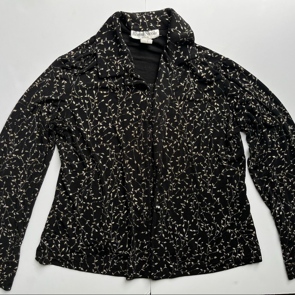 Vintage Ronni Nicole Black Silver & Gold Glitter Blouse. Size 10